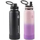 ThermoFlask 40oz Stainless Steel Insulated Water Bottles - 2-Pack in Black & Rose Purple with Straw and Spout Lids