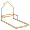 Twin Size Floor Bed With Chimney and Headboard and Handrail-Natural