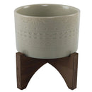 Flora Bunda Mid Century Mayan Ceramic Planter on Wood Stand, Matte, 5-inch