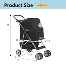 Pet Stroller 4-Wheel Dog Cat Stroller - Dark Black