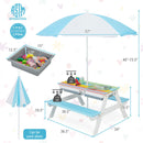 3-in-1 Kids Outdoor Picnic Water Sand Table With Umbrella Play Boxes-Green
