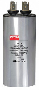 Dayton Round Motor Run Capacitor,22.5 Microfarad Rating,370VAC Voltage - 39P226