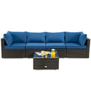 5 Pieces Cushioned Patio Rattan Furniture Set With Glass Table-Navy