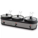 Triple 2.5 Quart Slow Cooker and Buffet Server in Brushed Silver and Black Finish with 3 Ceramic Cooking Pots and Removable Lid Rests