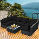 7 Pieces Outdoor Sectional Wicker Patio Furniture Sofa Set With Tempered Glass Top and Softy Cushions-Black