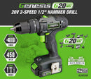 Genesis G20 Max GLHD20B Hammer Drill, Battery Included, 20 V, 2 Ah, 1/2 in Chuck, Ratcheting Chuck