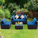 5 Pieces Cushioned Patio Rattan Furniture Set With Glass Table-Navy