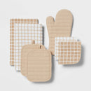 7pc Cotton Kitchen Textile Set Tan - ™: Includes Oven Mitt, Kitchen Towels, Pot Holders, Dish Cloths