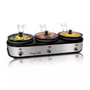 Triple 2.5 Quart Slow Cooker and Buffet Server in Brushed Silver and Black Finish with 3 Ceramic Cooking Pots and Removable Lid Rests