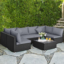 7 Pieces Sectional Wicker Furniture Sofa Set With Tempered Glass Top Coffee Table-Gray