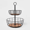Iron and Mangowood Wire 2-Tier Fruit Basket - Black