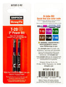Simpson Strong-Tie BIT20T-2-R2 Driver Bit, T20 Drive, 6-Lobe Drive, 1/4 in Shank, Hex Shank, 2 in L, Steel