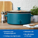 6 Quart Oval Slow Cooker w Glass Lid, -Corsair Blue