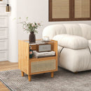Bamboo Rattan Nightstand With Drawer and Solid Wood Legs-Natural
