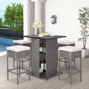 5 Pieces Outdoor Wicker Bar Table Set With Hidden Storage Shelves-White