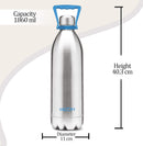 Milton Thermosteel Duo DLX 2000, Double Walled Vacuum Insulated Flask 2000 ml | 68 oz | 1.86 Ltr |24 Hours Hot and Cold Water Bottle, 18/8 Stainless Steel, BPA Free, Food Grade, Leak-Proof | Silver