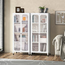 Glass Doors Storage Cabinet With Wheels and Adjustable Shelves-White