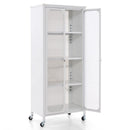 Glass Doors Storage Cabinet With Wheels and Adjustable Shelves-White