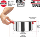 HAWKINS Tri-Ply Stainless Steel Patila/Bhagona/Tope/Sauce Pan, 2 Litre, SSP20