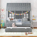 Twin Size Bed Frame House Bed With Trundle and 82 Inch Tall Roof-Gray