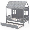Twin Size Bed Frame House Bed With Trundle and 82 Inch Tall Roof-Gray