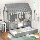 Twin Size Bed Frame House Bed With Trundle and 82 Inch Tall Roof-Gray