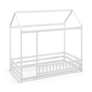 Twin Size Kids House Bed Wooden Floor Bed With Roof and Full-Length Safety Guardrail-White