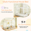 Twin Size Kids House Bed Wooden Floor Bed With Roof and Full-Length Safety Guardrail-White