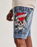Ed Hardy Love Kills Slowly Skull Skater Denim Shorts