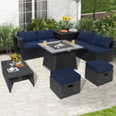 9 Pieces Outdoor Wicker Sectional With 35 Inch Gas Fire Pit Table-Navy
