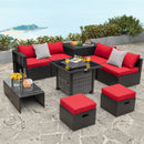 Outdoor 9 Pieces Patio Furniture Set With 50 000 BTU Propane Fire Pit Table-Red