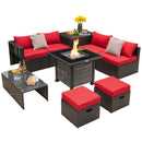 Outdoor 9 Pieces Patio Furniture Set With 50 000 BTU Propane Fire Pit Table-Red
