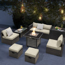 Outdoor 9 Pieces Patio Furniture Set With 50 000 BTU Propane Fire Pit Table-Off White