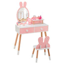 Kids Vanity Table and Chair Set With Drawer Shelf and Rabbit Mirror-Pink