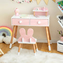 Kids Vanity Table and Chair Set With Drawer Shelf and Rabbit Mirror-Pink