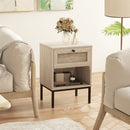 Rattan Nightstand Boho End Table With Rattan Drawer & Open Shelf-Oak