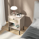Rattan Nightstand Boho End Table With Rattan Drawer & Open Shelf-Oak