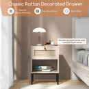 Rattan Nightstand Boho End Table With Rattan Drawer & Open Shelf-Oak
