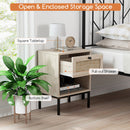 Rattan Nightstand Boho End Table With Rattan Drawer & Open Shelf-Oak