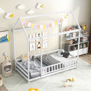 Twin Size Kids House Bed Wooden Floor Bed With Roof and Full-Length Safety Guardrail-White