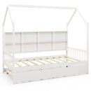 Twin Size Kids Montessori Daybed With Roof and Shelf Compartments-White