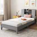 Twin Size Wooden Platform Bed Frame With Bookcase Headboard-Gray