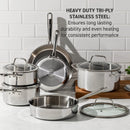 T-fal 3 Piece Stainless Steel Fry Pan Set, 8", 10" & 12", Pro Tri-Ply, Silver
