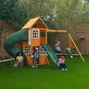 Serpentine Falls Wooden Swing Set / Playset With Clubhouse, Mailbox, Slide and Play Kitchen - Green