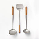 3pc Wok Tools Set Brown - ™: Stainless Steel & Wood Kitchen Utensils, Includes Skimmer, Turner, Ladle