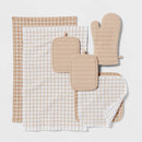 7pc Cotton Kitchen Textile Set Tan - ™: Includes Oven Mitt, Kitchen Towels, Pot Holders, Dish Cloths