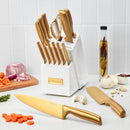 15pc Gold Forged Stainless Steel Cutlery Block Set with Comfort Grip Handle- White