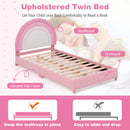 Twin Bed Frame With Height-Adjustable Headboard and Sturdy Wooden Slats-White & Pink