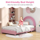 Twin Bed Frame With Height-Adjustable Headboard and Sturdy Wooden Slats-White & Pink