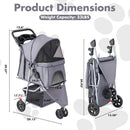 3 Wheels Pet Stroller for Small Dogs and Cats - Grey